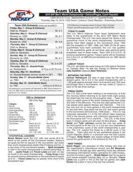 Game Notes Vs. Switzerland • Thursday, May 14, 2015 • 2015 IIHF Men’S World Championship • Page Two