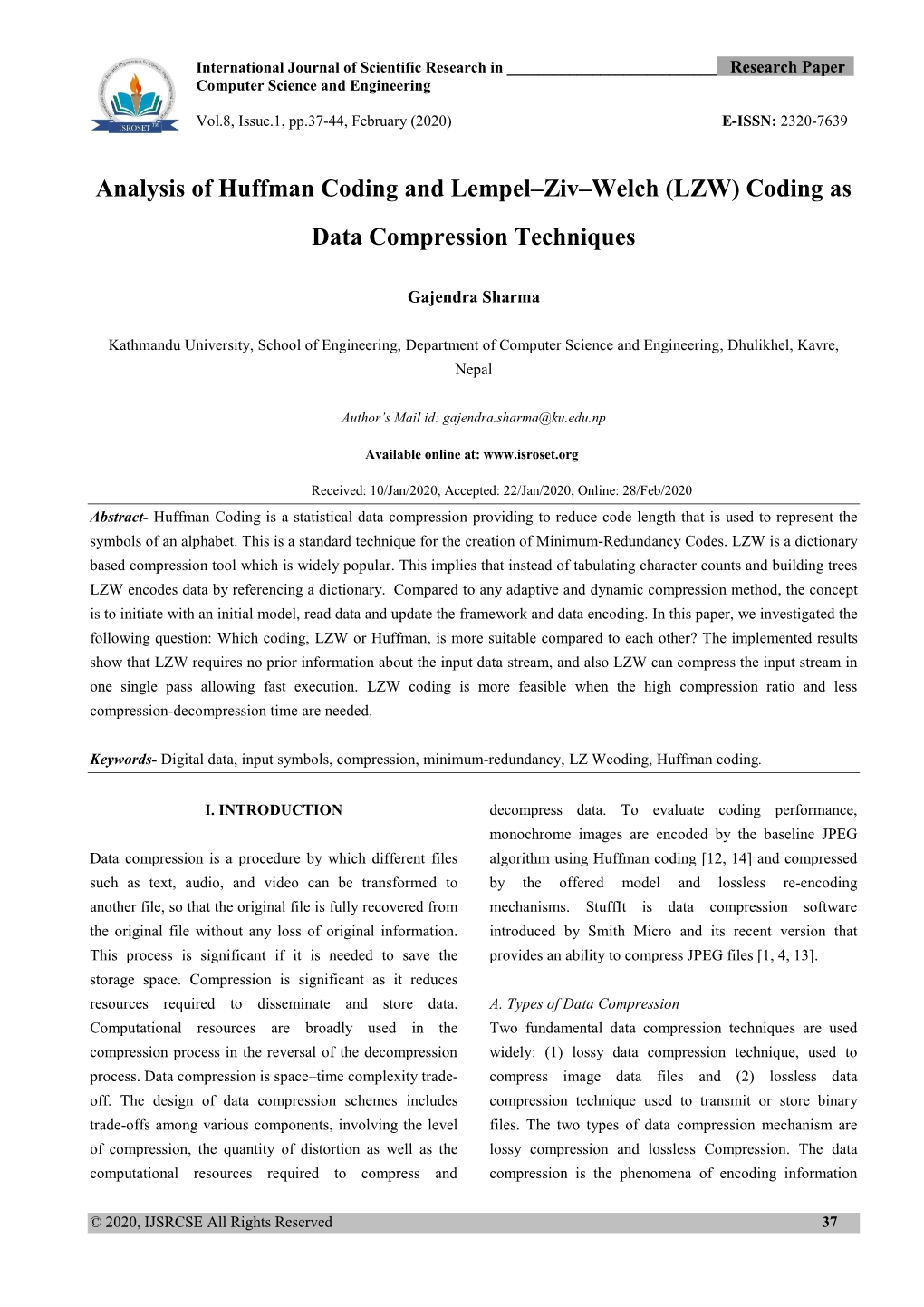 Analysis of Huffman Coding and Lempel–Ziv–Welch (LZW) Coding As Data Compression Techniques