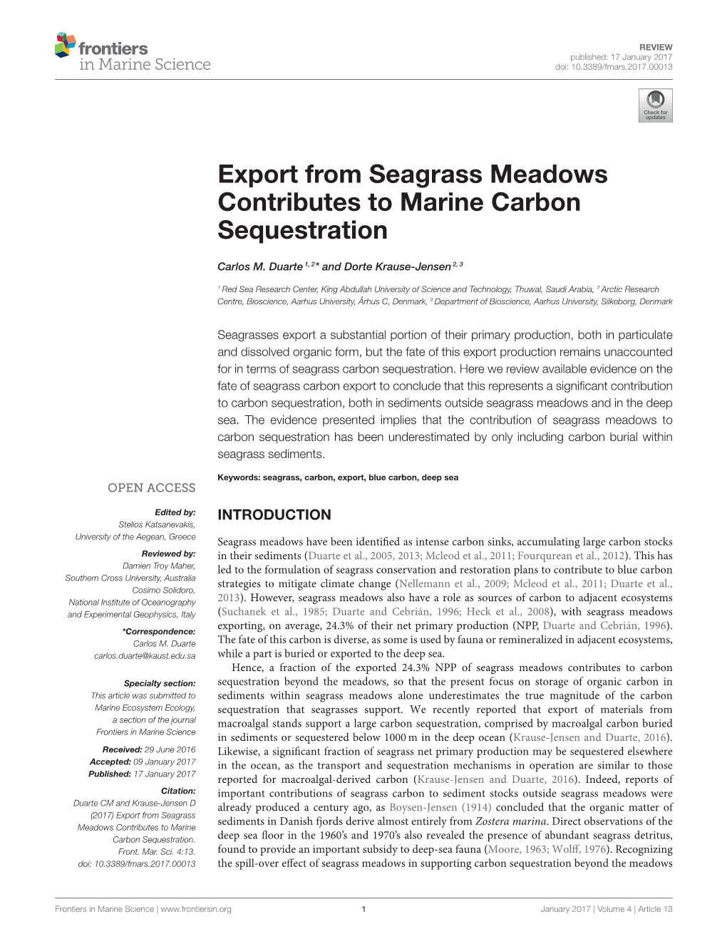 Export from Seagrass Meadows Contributes to Marine Carbon Sequestration