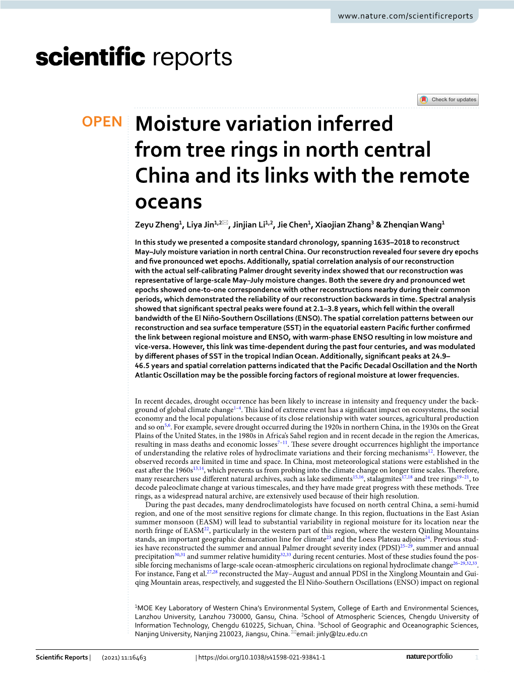 Moisture Variation Inferred from Tree Rings in North Central China and Its Links with the Remote Oceans