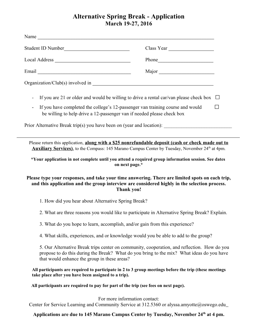 Application for Alternative Spring Break