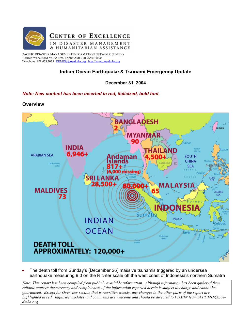 Indian Ocean Earthquake & Tsunami Emergency Update Overview