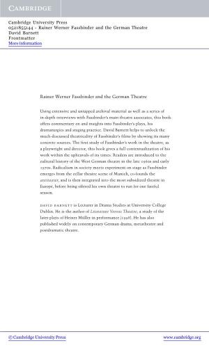 Rainer Werner Fassbinder and the German Theatre David Barnett Frontmatter More Information