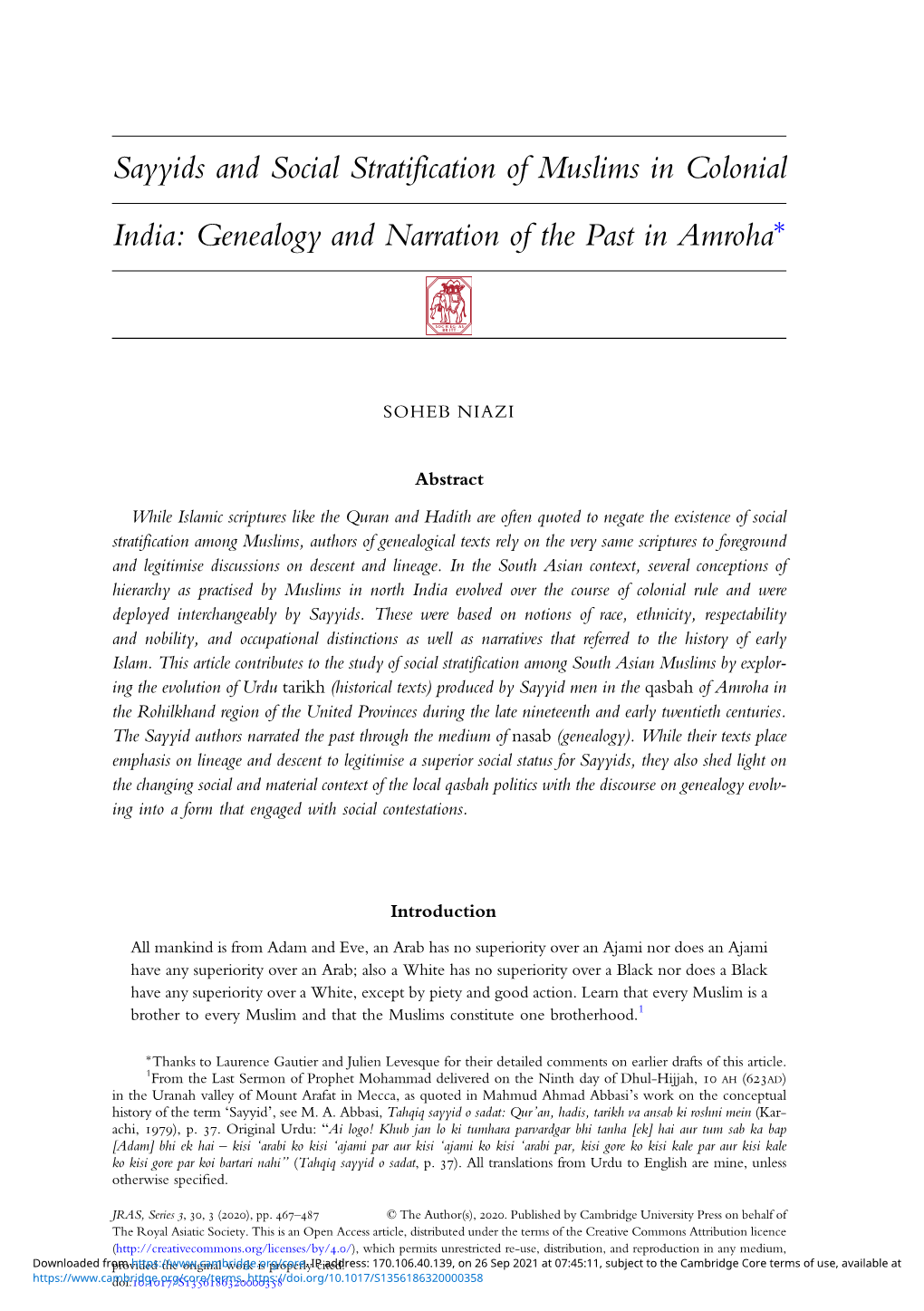 Sayyids and Social Stratification of Muslims in Colonial India: Genealogy and Narration of the Past in Amroha∗