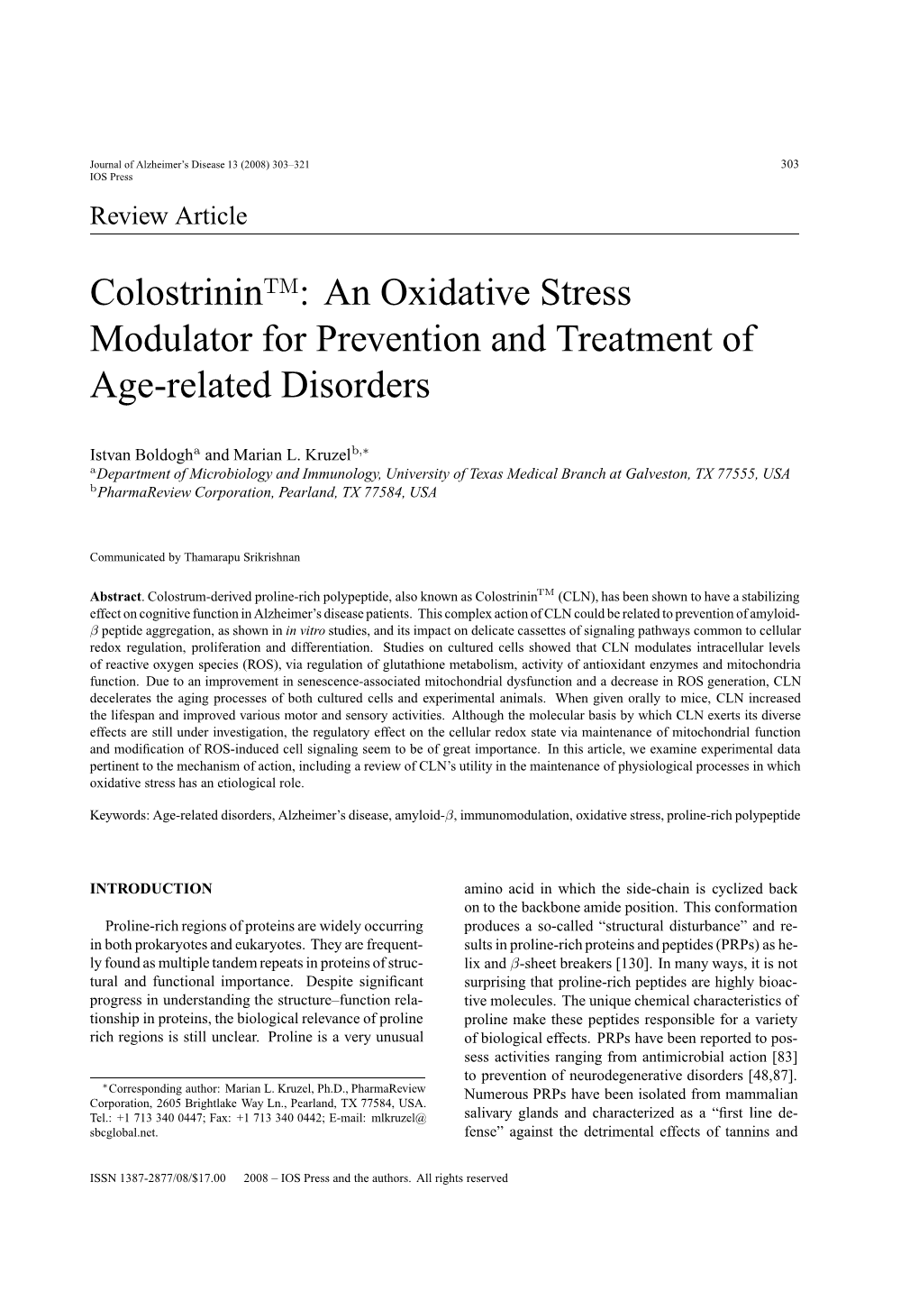 Colostrinin : an Oxidative Stress Modulator for Prevention And