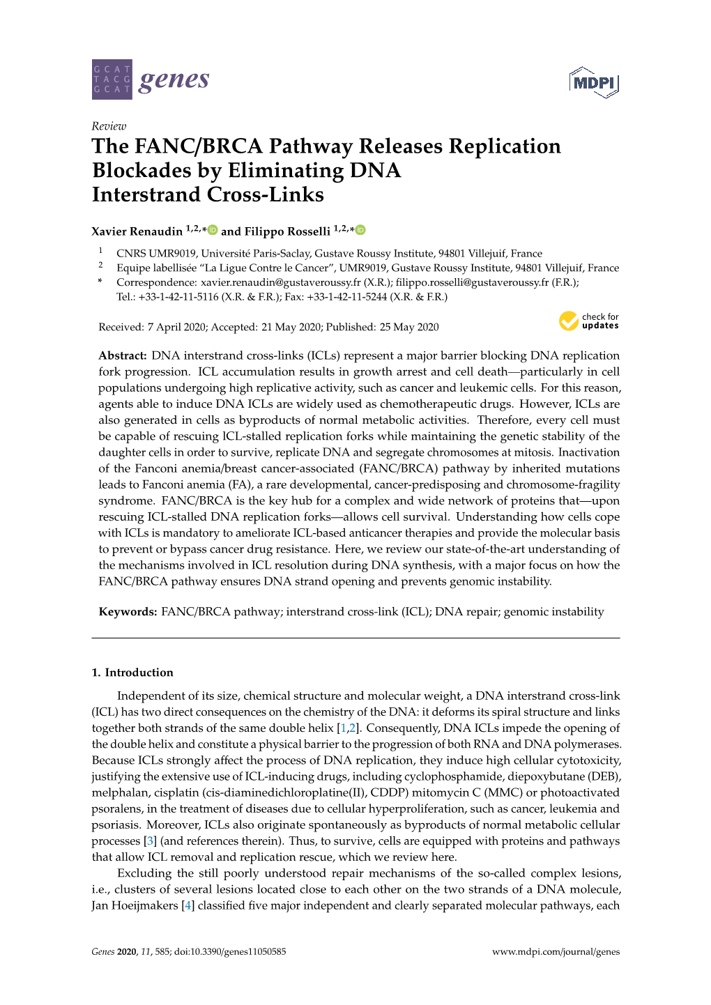 The FANC/BRCA Pathway Releases Replication Blockades by Eliminating DNA Interstrand Cross-Links