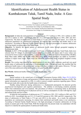 Identification of Adolescent Health Status in Kumbakonam Taluk, Tamil Nadu, India: a Geo- Spatial Study
