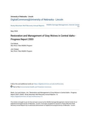 Restoration and Management of Gray Wolves in Central Idaho - Progress Report 2003