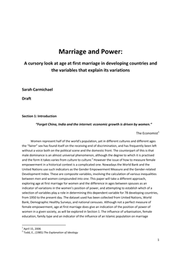A Cursory Look at Age at First Marriage in Developing Countries and the Variables That Explain Its Variations