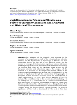 Jagiellonianism in Poland and Ukraine As a Factor of University Education and a Cultural and Historical Phenomenon