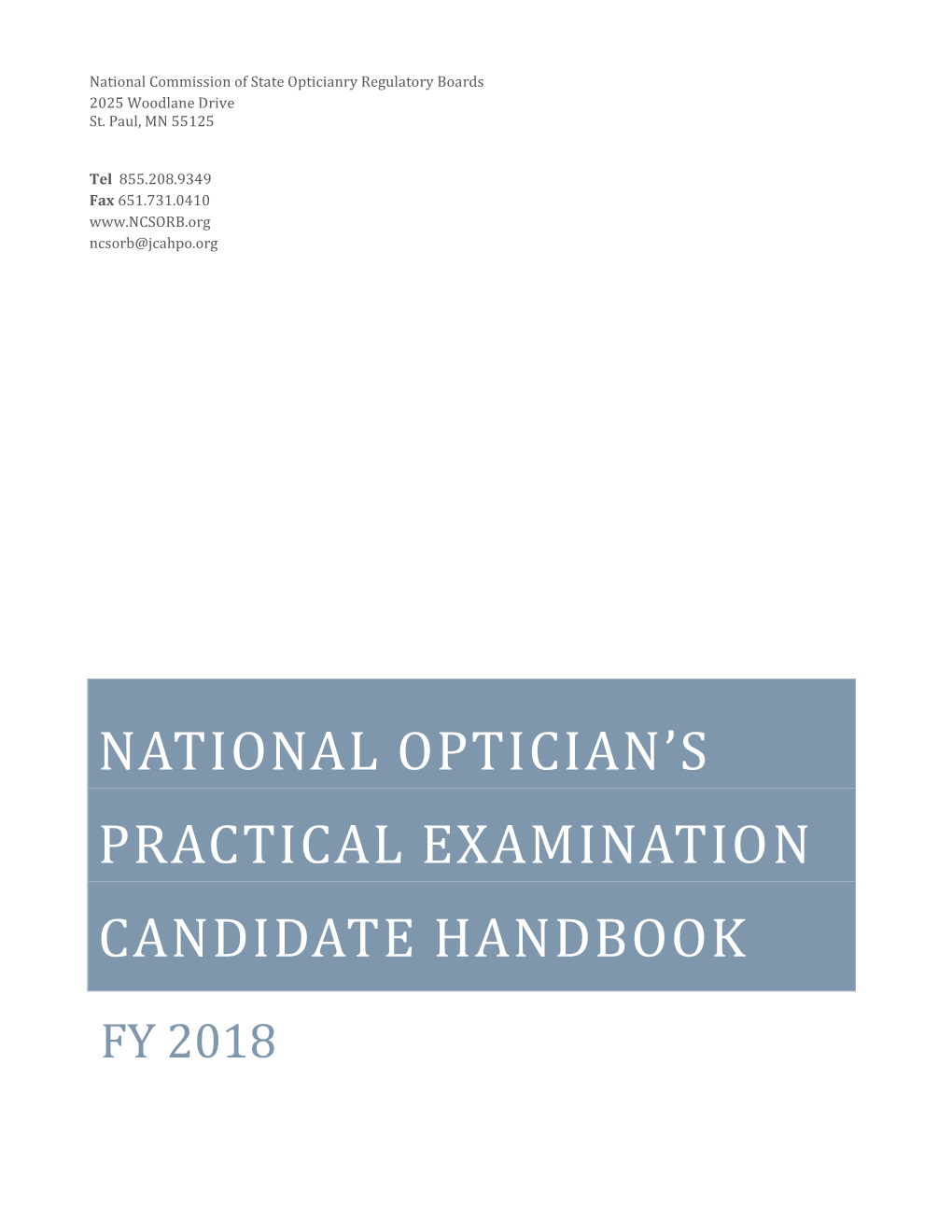 National Optician's PRACTICAL EXAMINATION Candidate Handbook