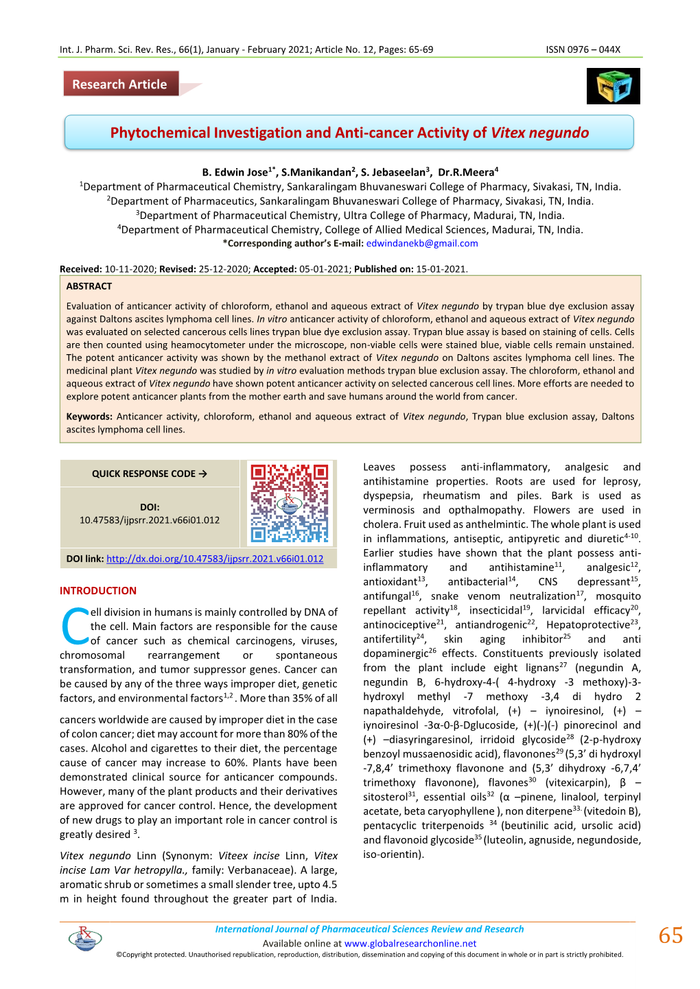 Phytochemical Investigation and Anti-Cancer Activity of Vitex Negundo