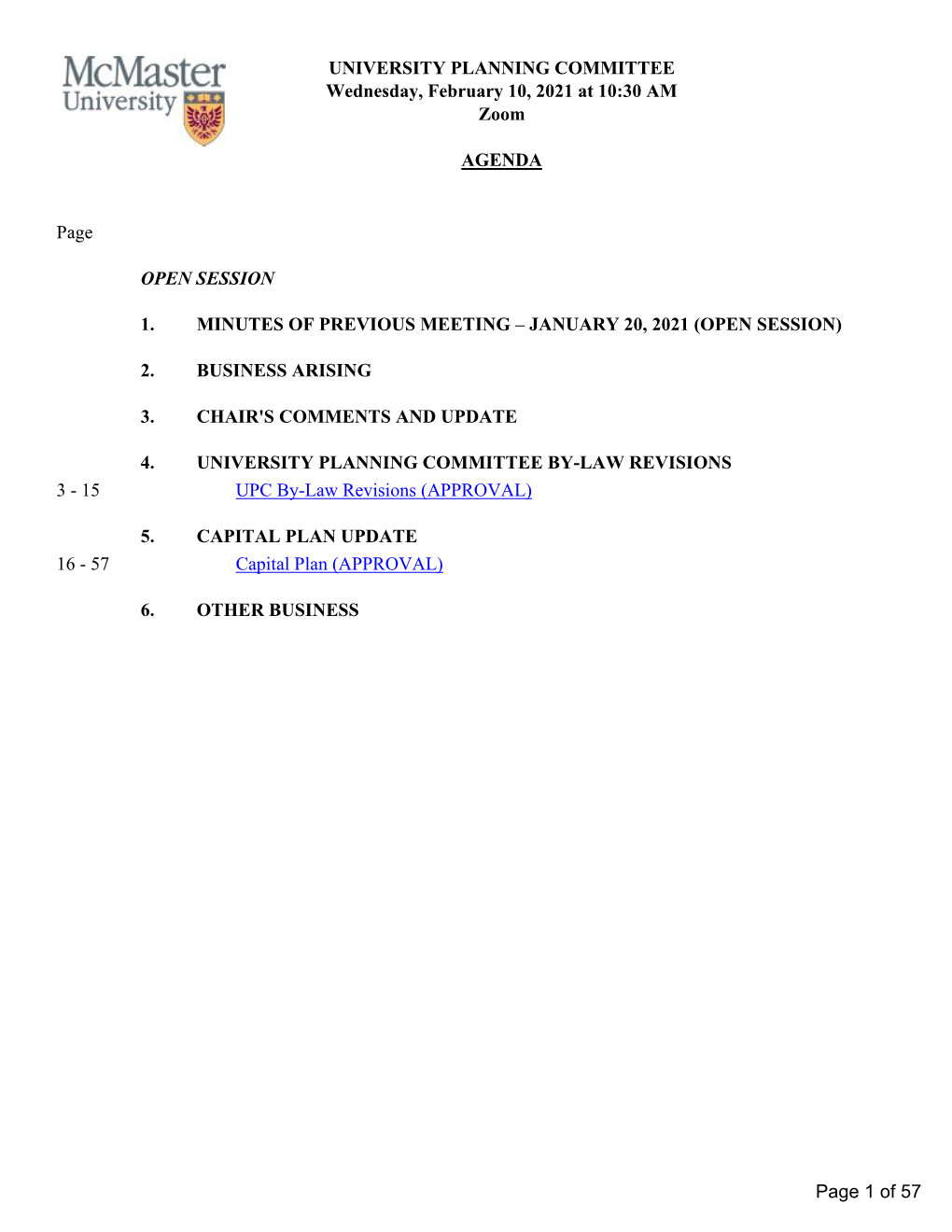 UNIVERSITY PLANNING COMMITTEE Wednesday, February 10, 2021 at 10:30 AM Zoom