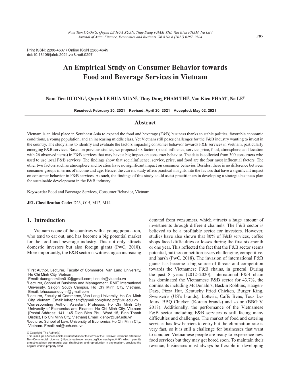 An Empirical Study on Consumer Behavior Towards Food and Beverage Services in Vietnam