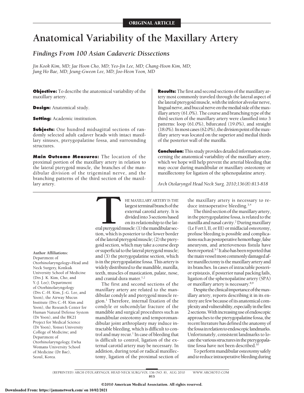 Anatomical Variability of the Maxillary Artery Findings from 100 Asian Cadaveric Dissections