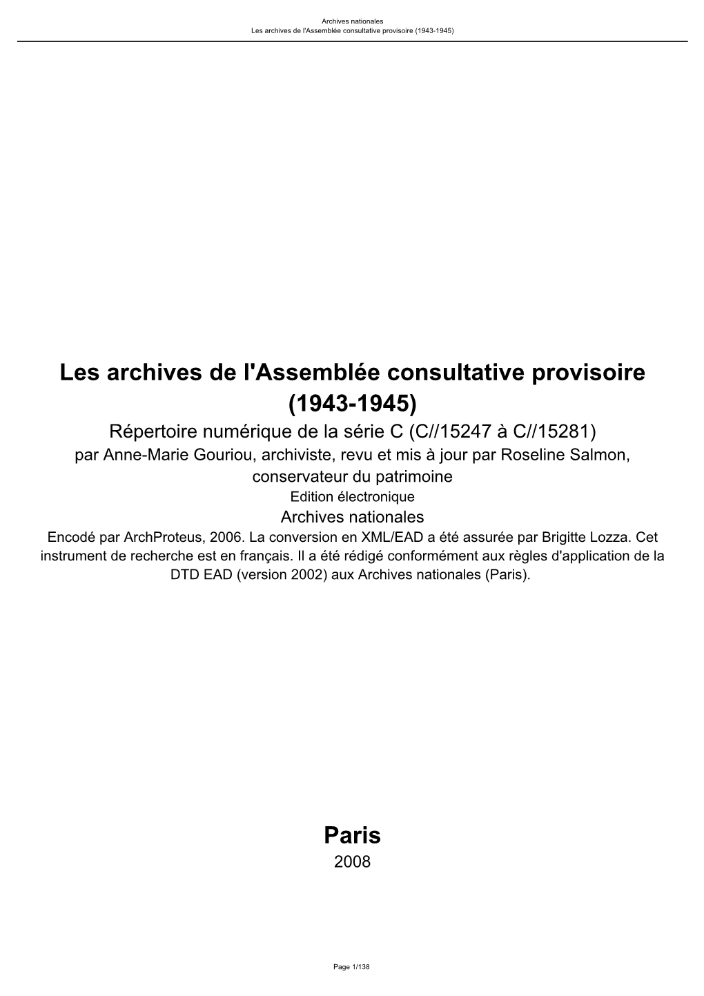 Les Archives De L'assemblée Consultative Provisoire (1943-1945)