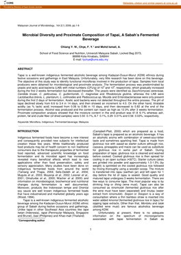 Microbial Diversity and Proximate Composition of Tapai, a Sabah's