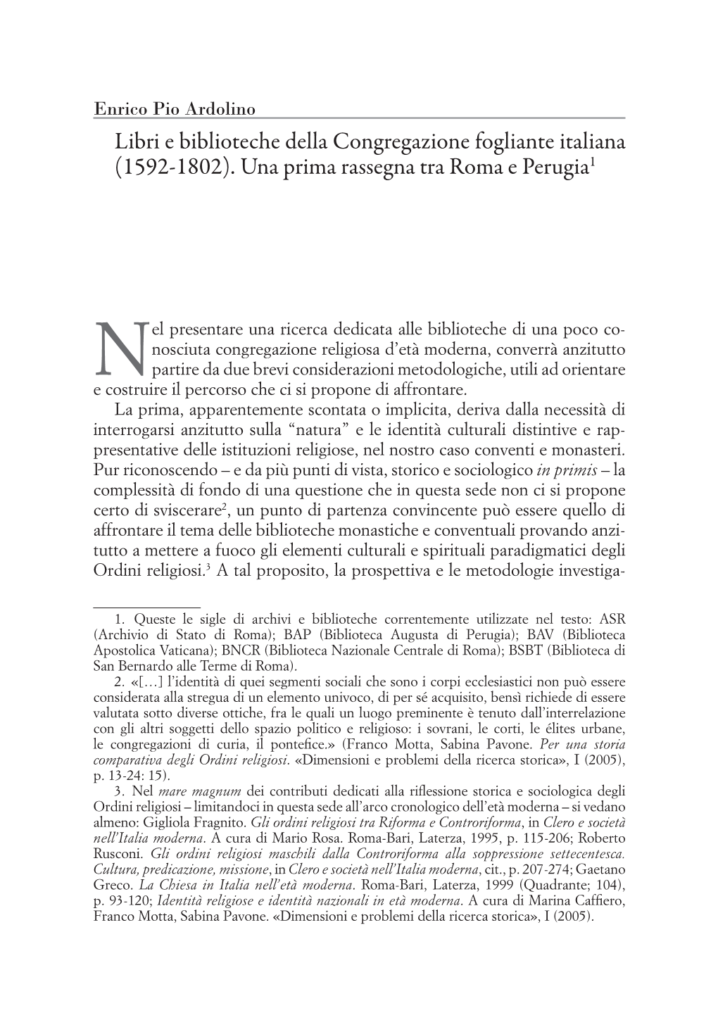 Libri E Biblioteche Della Congregazione Fogliante Italiana (1592-1802)