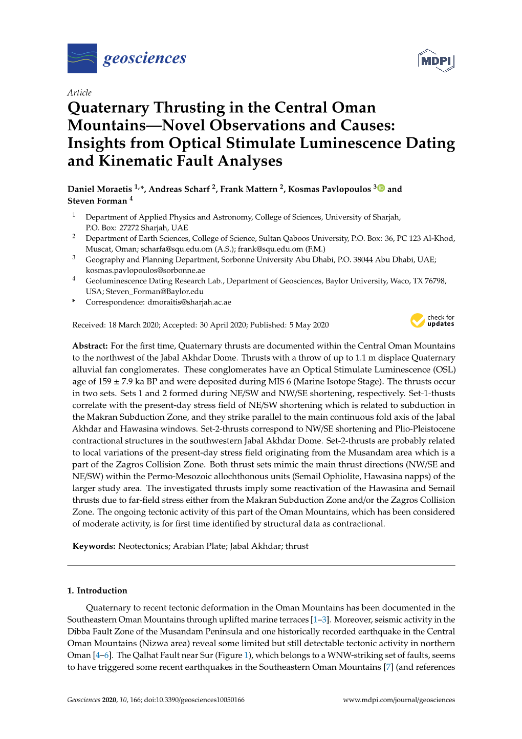 Quaternary Thrusting in the Central Oman Mountains—Novel Observations and Causes: Insights from Optical Stimulate Luminescence Dating and Kinematic Fault Analyses