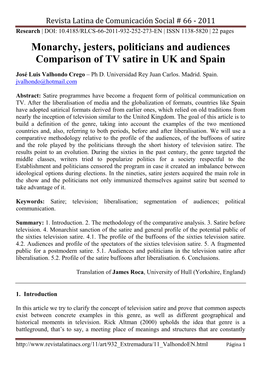 Monarchy, Jesters, Politicians and Audiences Comparison of TV Satire in UK and Spain