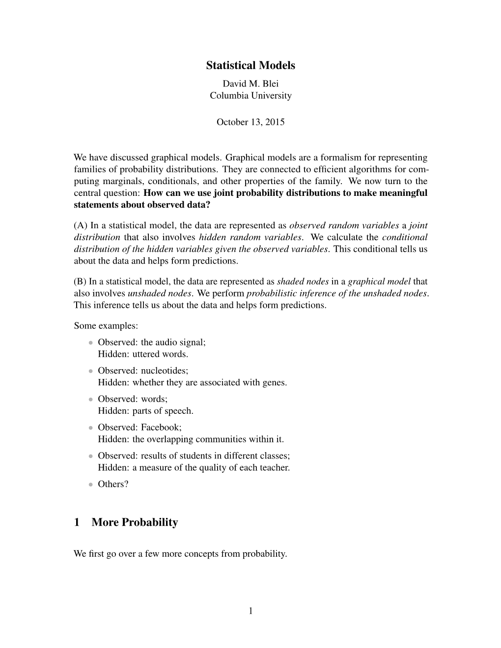 Statistical Models 1 More Probability