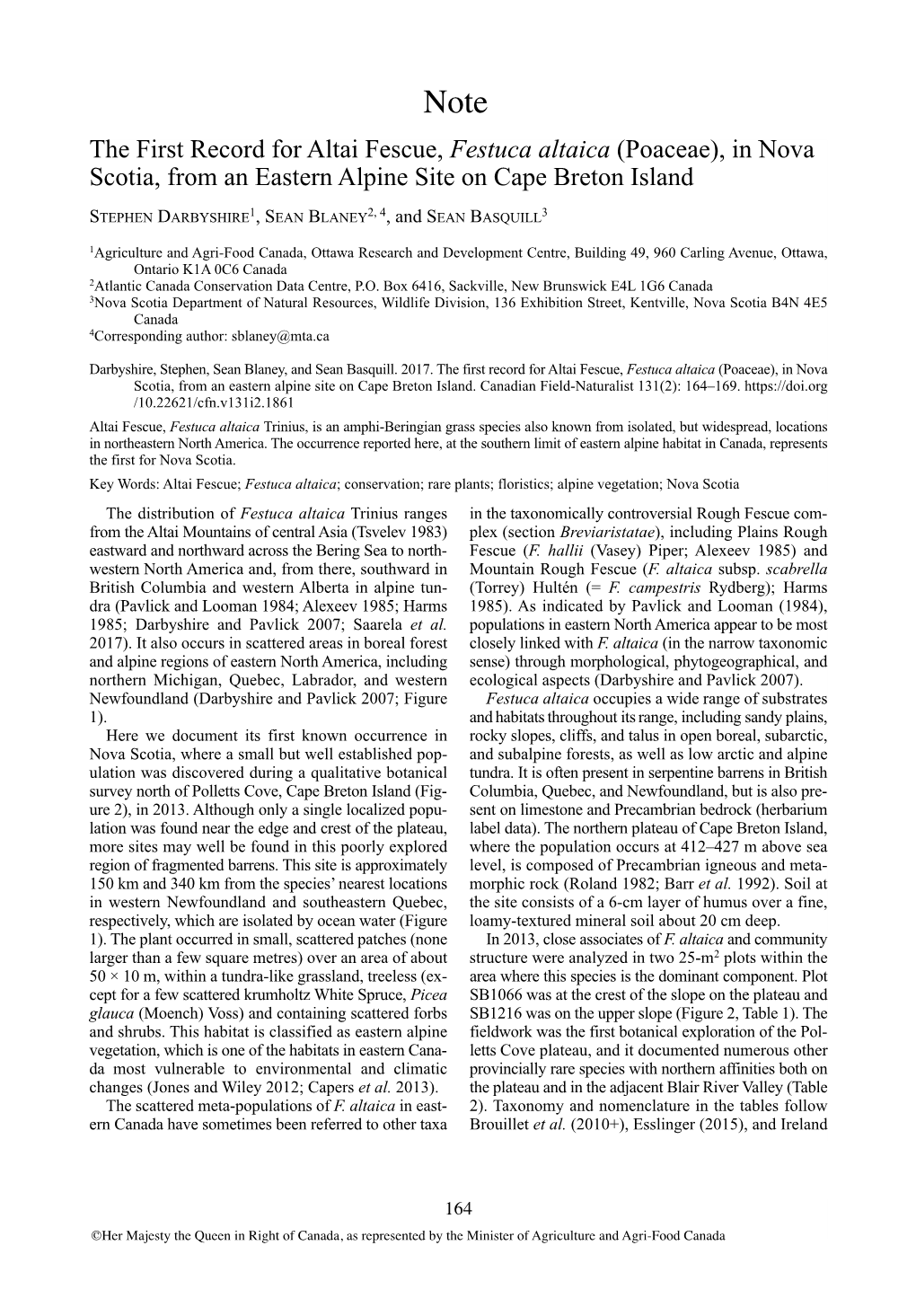 In Nova Scotia, from an Eastern Alpine Site on Cape Breton Island Stephen Darbyshire 1, S EAN Blaney 2, 4 , and SEAN Basquill 3