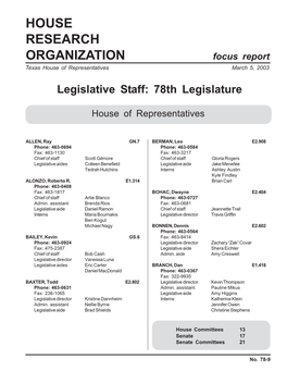 Legislative Staff: 78Th Legislature