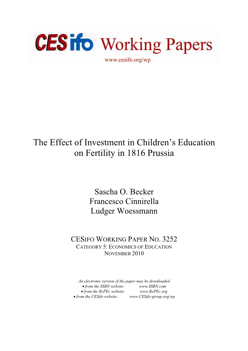 The Effect of Investment in Children's Education on Fertility in 1816 Prussia