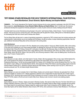 News Release. Tiff Rising Stars Revealed for 2016 Toronto