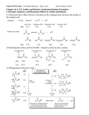 Chapter 16-1, 3-5: Acidity and Basicity; Enolization/Enolate Formation I