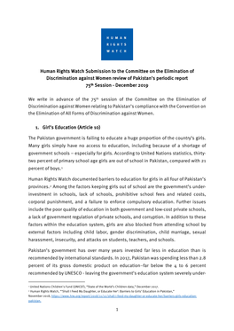 Human Rights Watch Submission to the Committee on the Elimination of Discrimination Against Women Review of Pakistan’S Periodic Report 75Th Session - December 2019