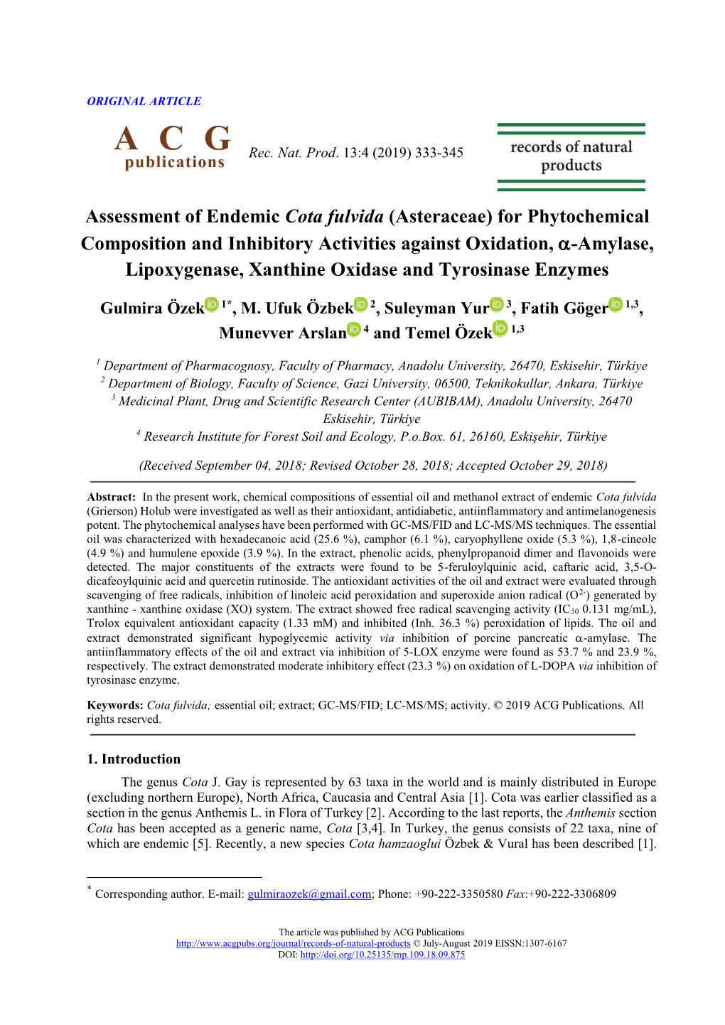 Assessment of Endemic Cota Fulvida (Asteraceae) for Phytochemical Composition and Inhibitory Activities Against Oxidation, Α-Am