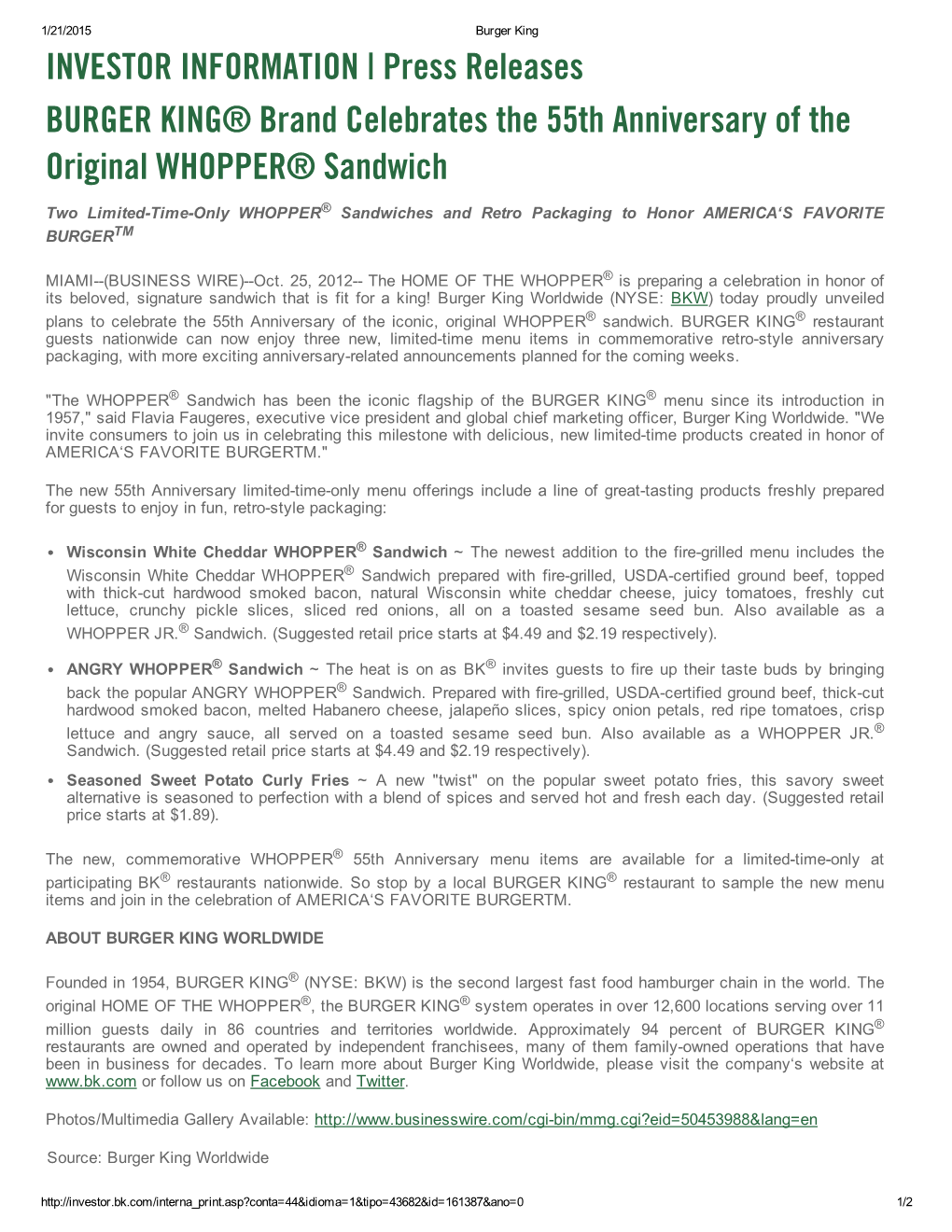 BURGER KING® Brand Celebrates the 55Th Anniversary of the Original WHOPPER® Sandwich