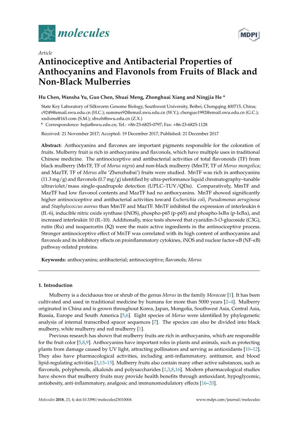 Antinociceptive and Antibacterial Properties of Anthocyanins and Flavonols from Fruits of Black and Non-Black Mulberries