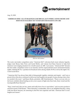 American Idol’ All-Star Judges Luke Bryan, Katy Perry, Lionel Richie and Host Ryan Seacrest Set to Return for Season 4 on Abc