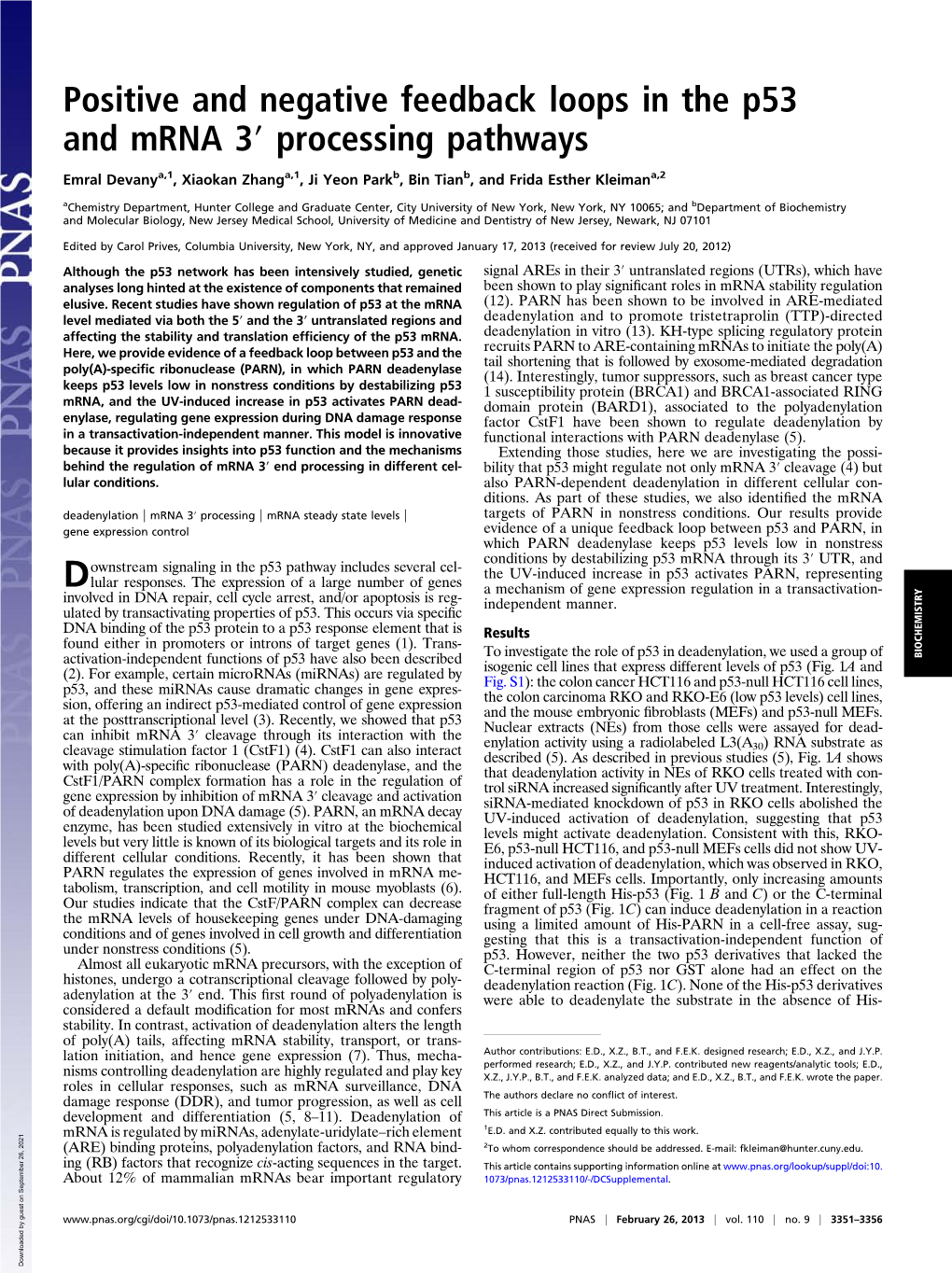 Positive and Negative Feedback Loops in the P53 and Mrna 3′ Processing Pathways