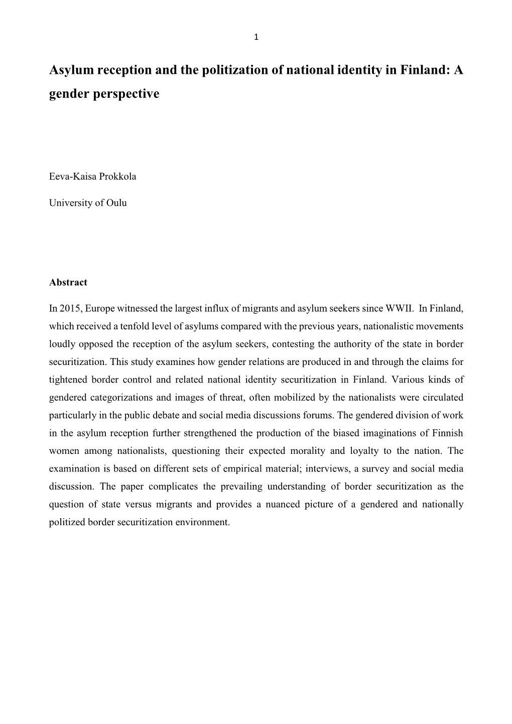 Asylum Reception and the Politization of National Identity in Finland: a Gender Perspective