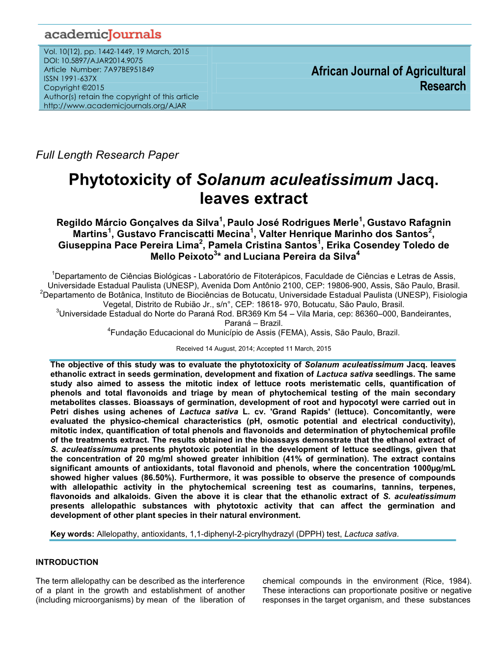 Phytotoxicity of Solanum Aculeatissimum Jacq. Leaves Extract