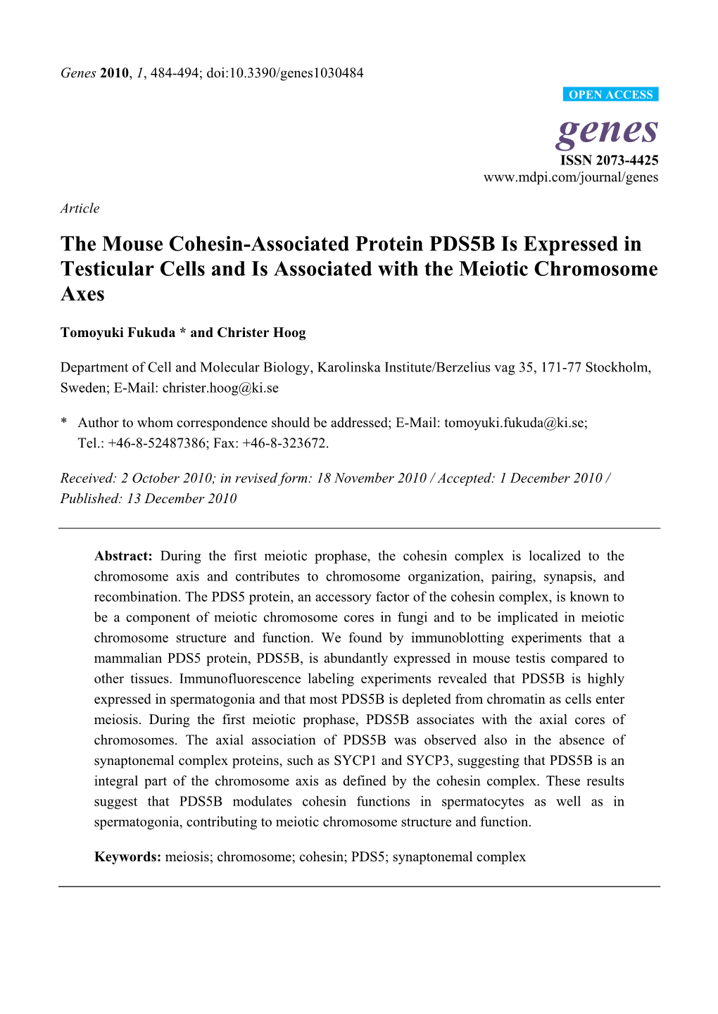 The Mouse Cohesin-Associated Protein PDS5B Is Expressed in Testicular Cells and Is Associated with the Meiotic Chromosome Axes