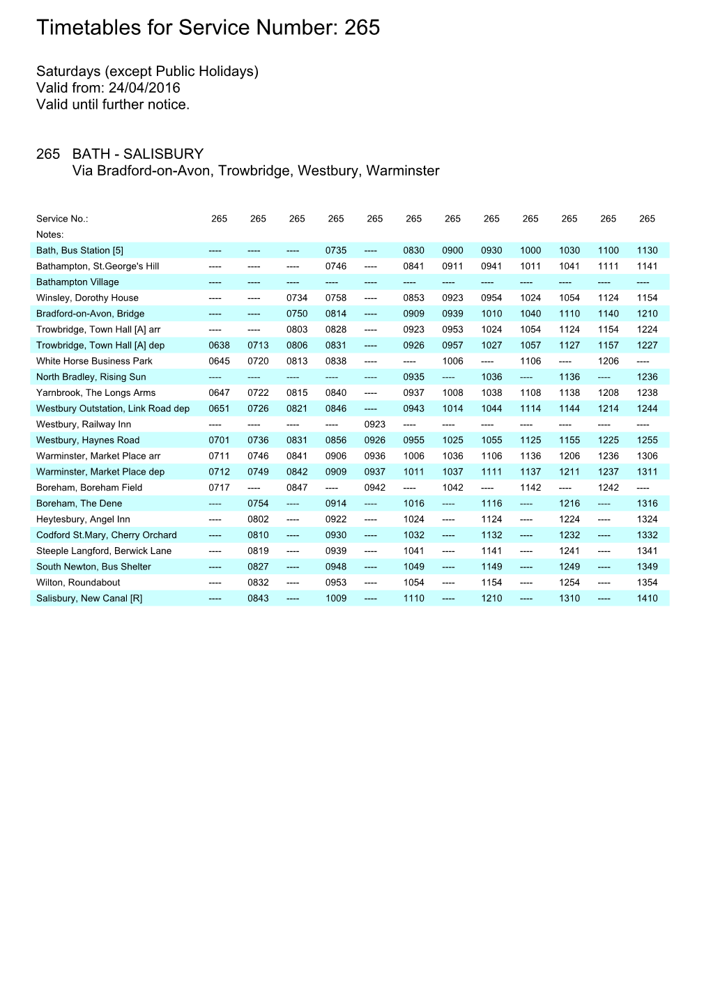 Timetables for Service Number: 265