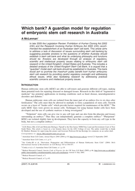 A Guardian Model for Regulation of Embryonic Stem Cell Research in Australia