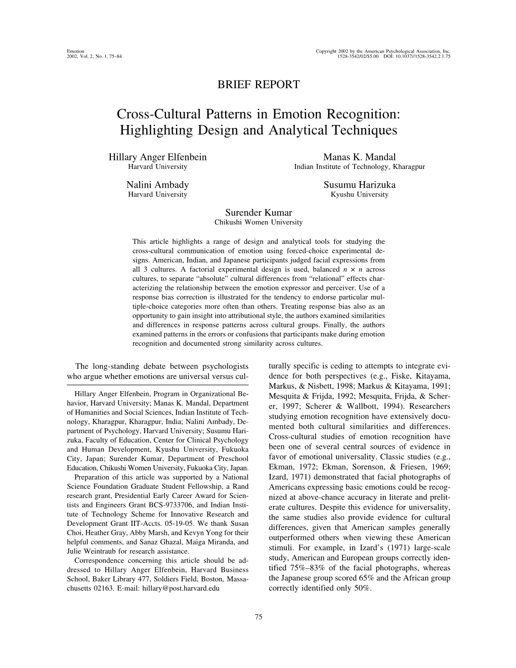 Cross-Cultural Patterns in Emotion Recognition: Highlighting Design and Analytical Techniques