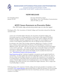ACCU Issues Statement on Executive Order Over 140 Catholic College and University Presidents Sign on to Show Their Support