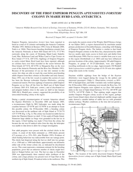 Discovery of the First Emperor Penguin Aptenodytes Forsteri Colony in Marie Byrd Land, Antarctica