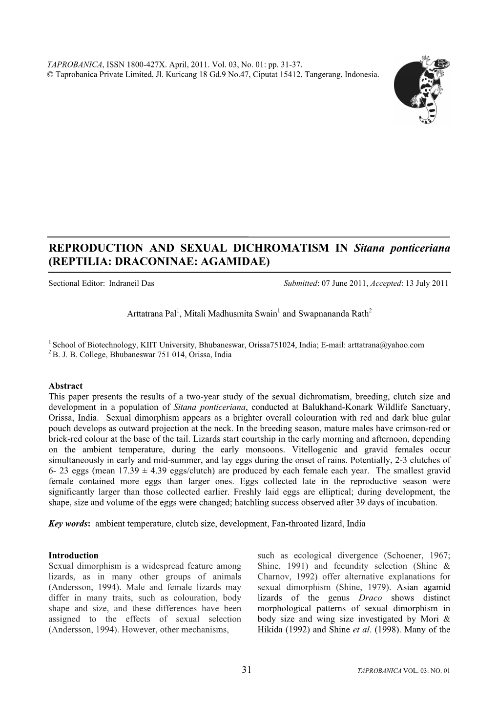 REPRODUCTION and SEXUAL DICHROMATISM in Sitana Ponticeriana (REPTILIA: DRACONINAE: AGAMIDAE)