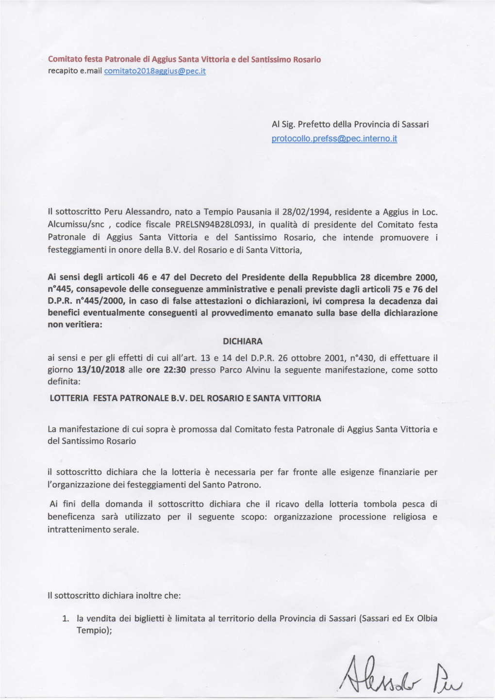 Comitato Festa Patronale Di Aggius Santa Vittoria E Del Santissimo Rosario Al Sig. Prefetto Della Provincia Di Sassari Protocoll