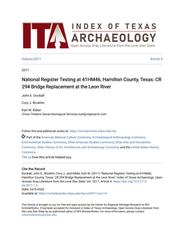 National Register Testing at 41HM46, Hamilton County, Texas: CR 294 Bridge Replacement at the Leon River