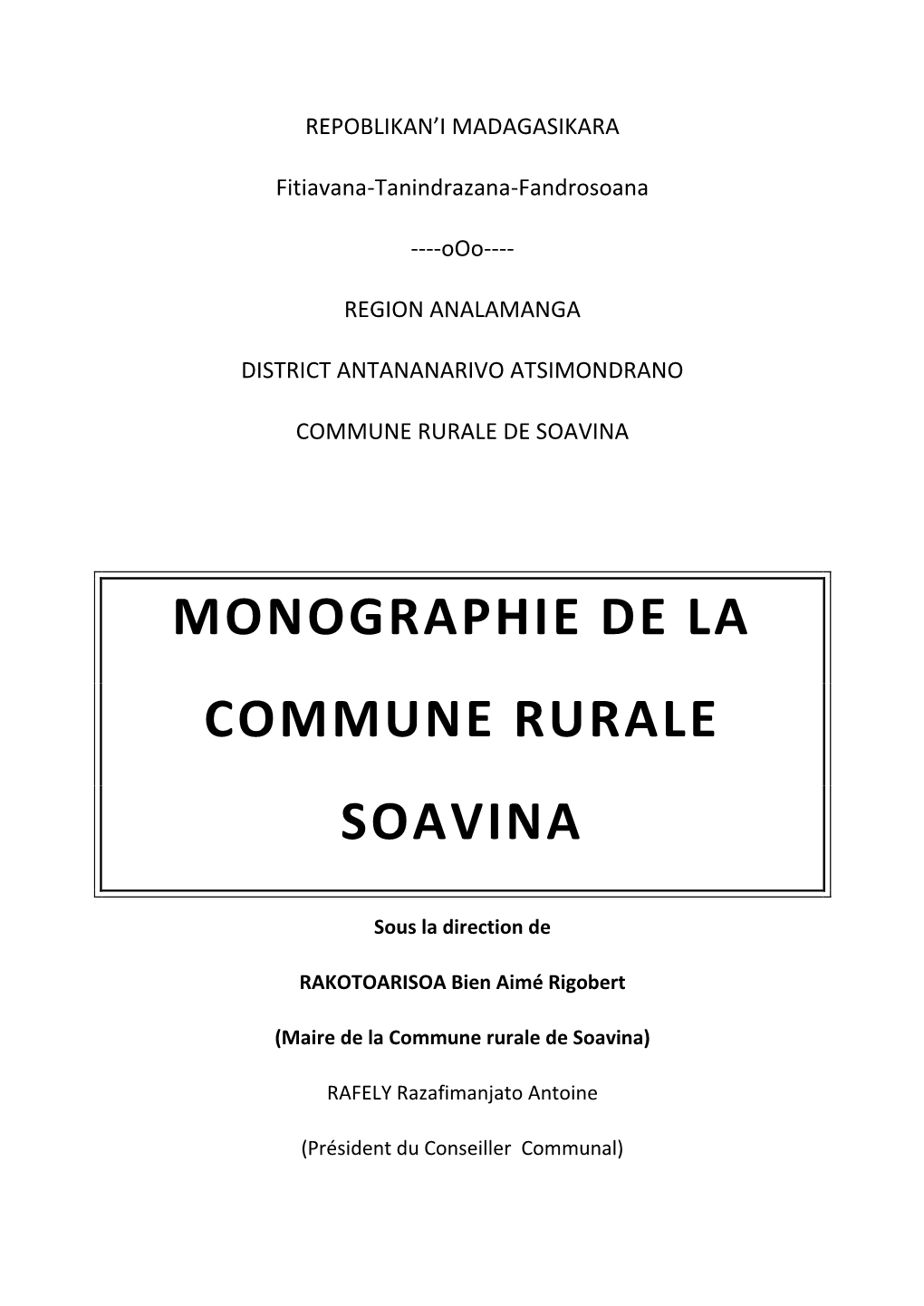 Monographie De La Commune Rurale Soavina