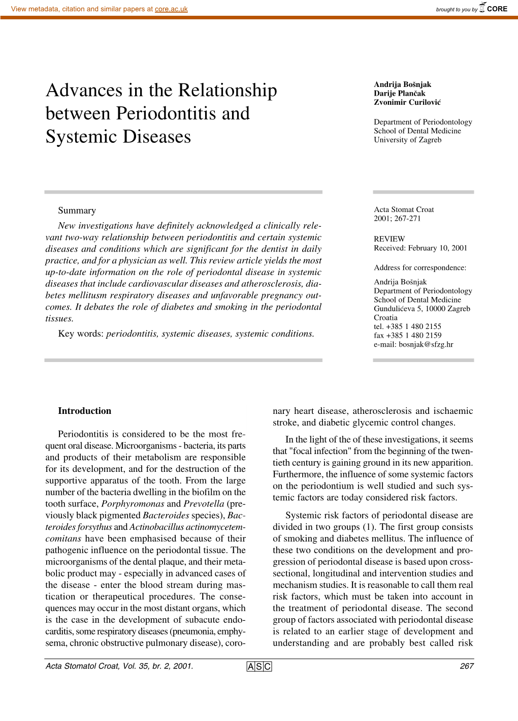 Advances in the Relationship Between Periodontitis and Systemic Diseases