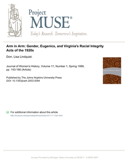 "Arm in Arm: Gender, Eugenics, and Virginia's Racial Integrity Acts of The